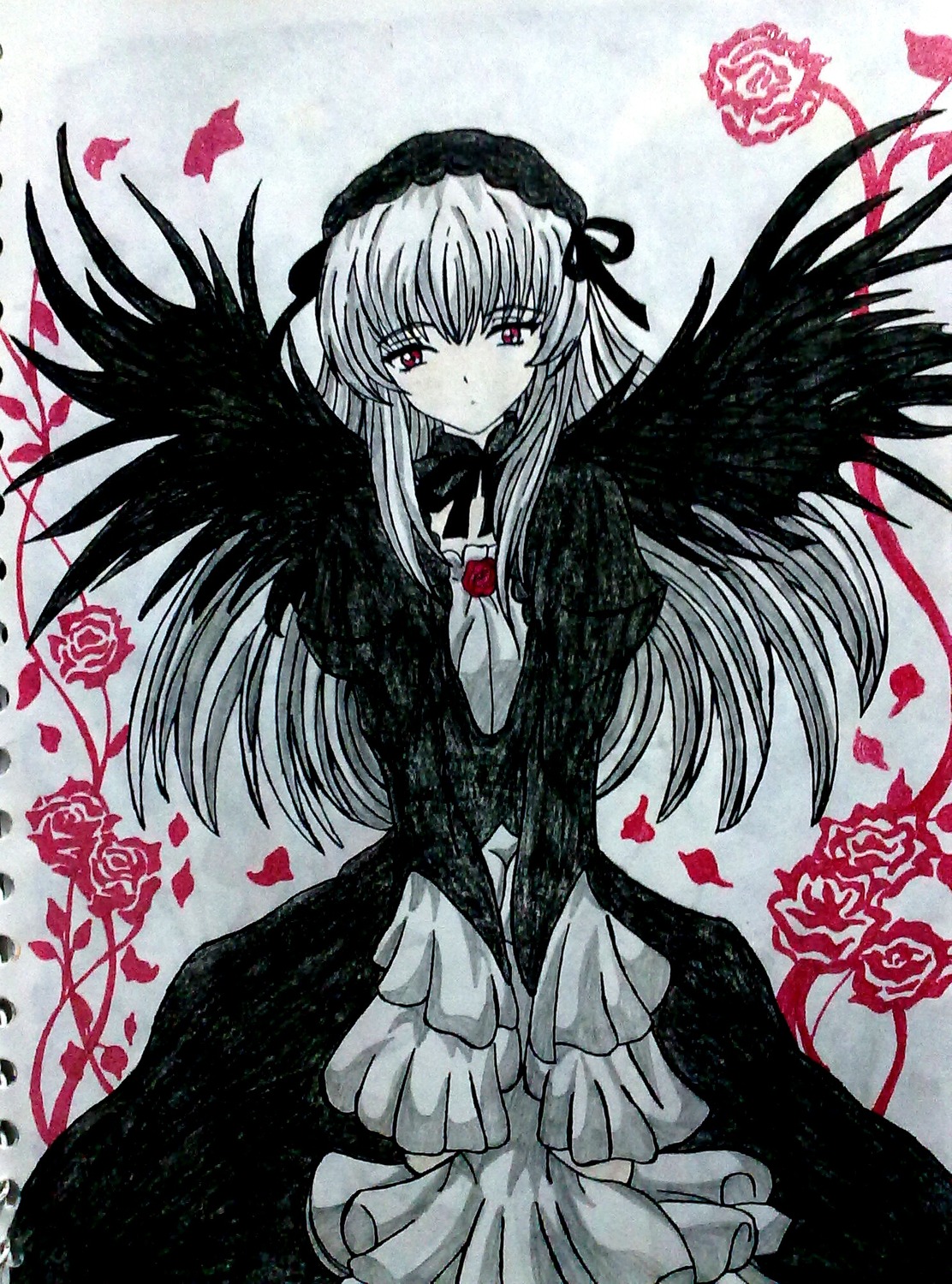 1girl black_dress black_wings blush dress flower frills hairband image long_hair long_sleeves looking_at_viewer petals red_flower red_rose rose solo suigintou traditional_media wings