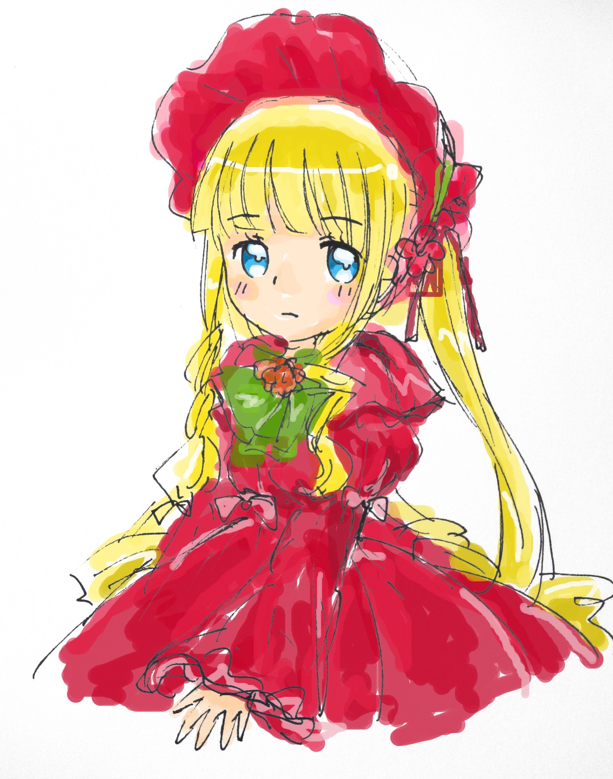 1girl bangs blonde_hair blue_eyes bonnet bow bowtie dress hat image long_hair long_sleeves looking_at_viewer red_dress shinku simple_background solo twintails white_background