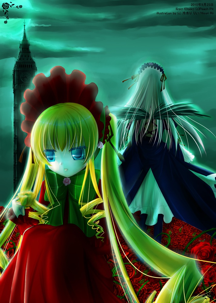 2girls blonde_hair blue_eyes dress flower frills image long_hair long_sleeves multiple_girls pair red_dress red_flower red_rose rose shinku silver_hair suigintou twintails very_long_hair wings