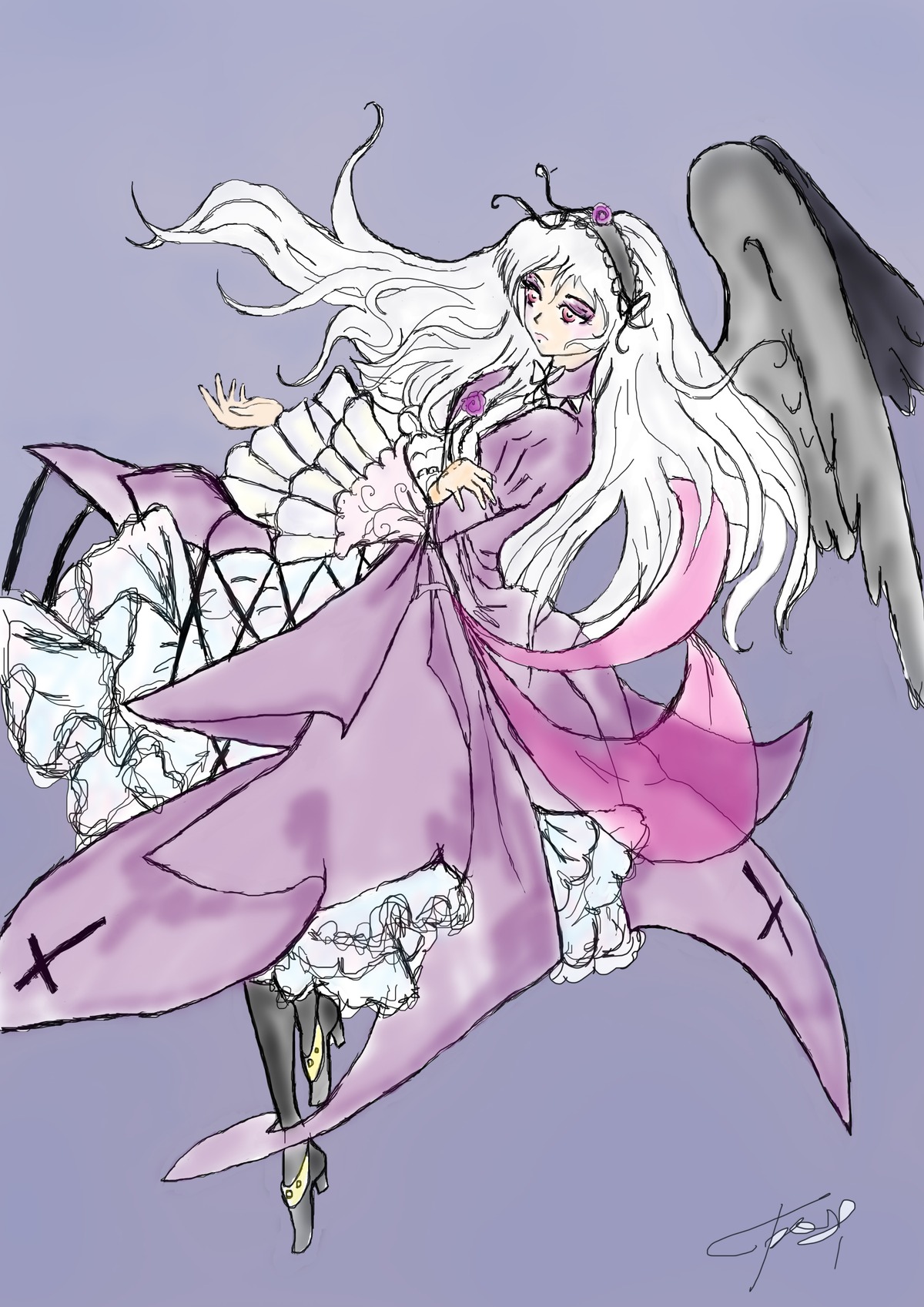 1girl dress flower frilled_sleeves frills full_body gradient gradient_background hairband image long_hair long_sleeves purple_background signature solo suigintou very_long_hair white_hair wings