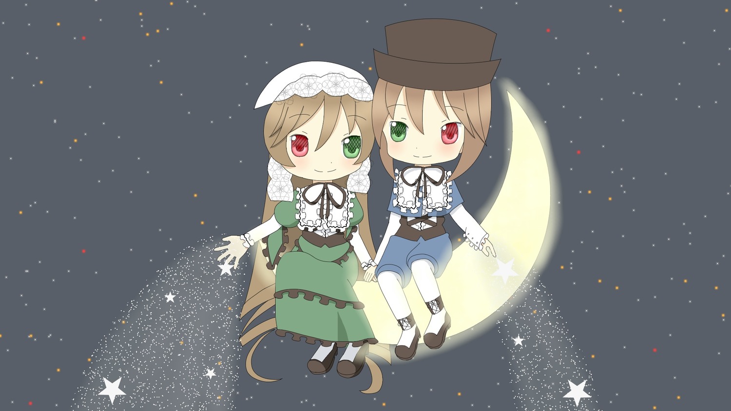 2girls brown_hair dress green_eyes hat heterochromia image long_hair moon multiple_girls night night_sky pair red_eyes short_hair siblings sisters sky smile souseiseki star_(sky) star_(symbol) starry_background starry_sky suiseiseki twins