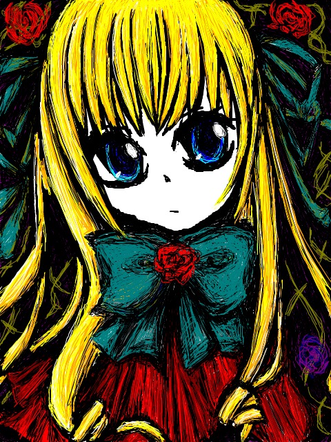 1girl blonde_hair blue_eyes flower image long_hair looking_at_viewer mary_(ib) pink_rose red_flower red_rose rose shinku solo yellow_flower yellow_rose