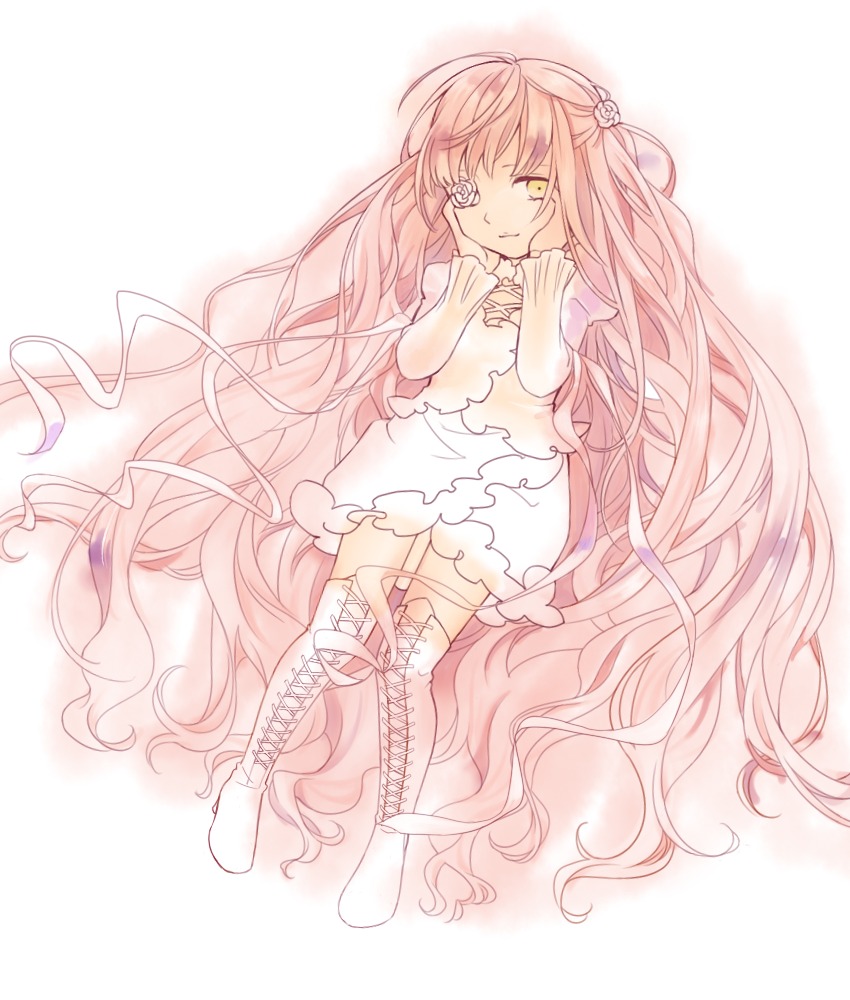 1girl boots cross-laced_footwear dress image kaname_madoka kirakishou knee_boots long_hair pink_hair smile solo striped thigh_boots thighhighs two_side_up ultimate_madoka very_long_hair white_footwear yellow_eyes