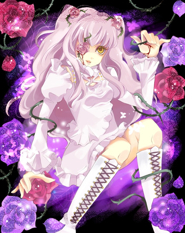 1girl boots cross-laced_footwear dress eyepatch flower frills image kirakishou knee_boots long_hair pink_flower pink_rose purple_flower purple_rose red_rose rose solo thorns vines yellow_eyes