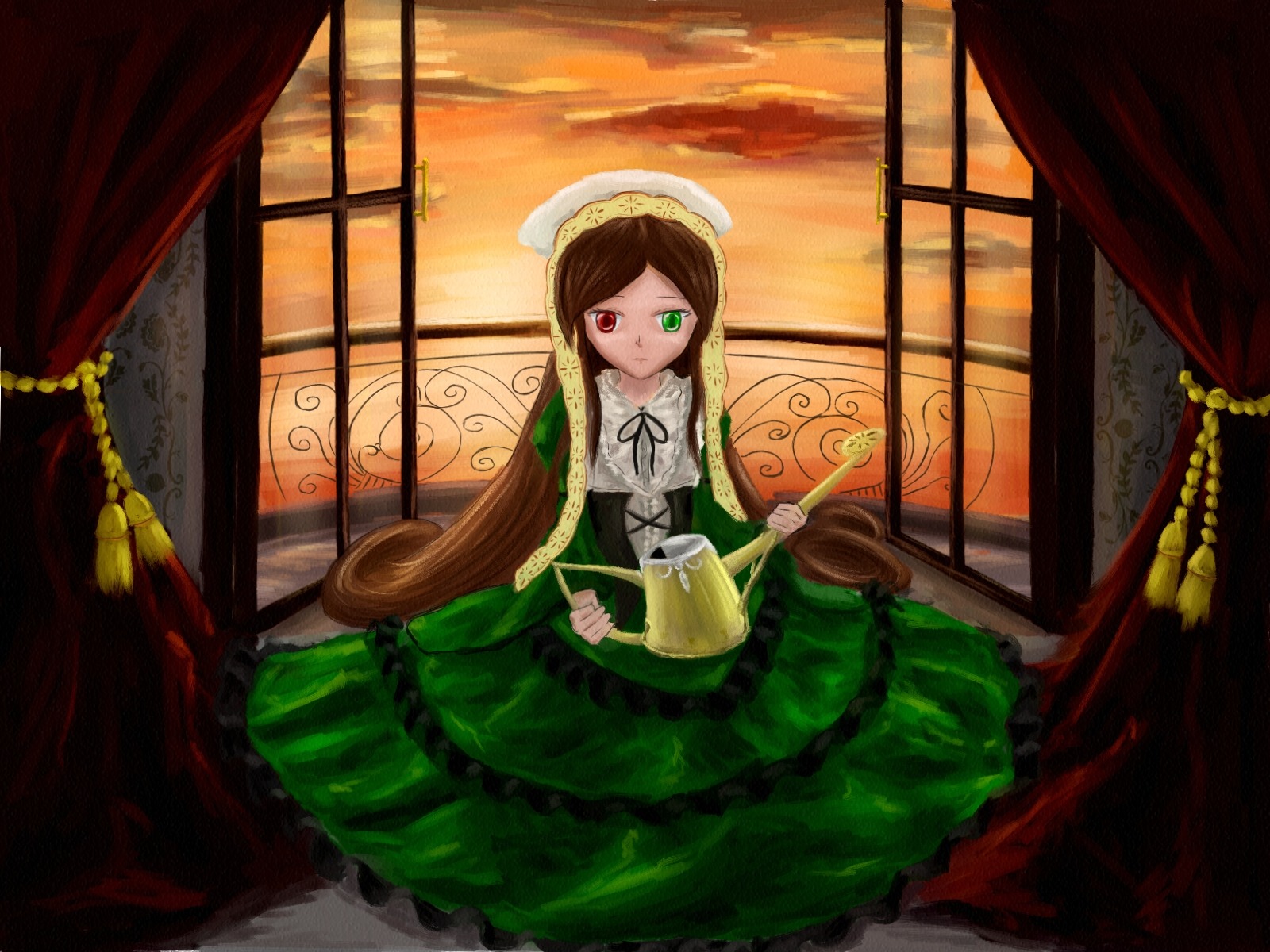 1girl brown_hair curtains dress frills green_dress green_eyes heterochromia indoors long_hair long_sleeves looking_at_viewer red_eyes solo suiseiseki twintails very_long_hair window