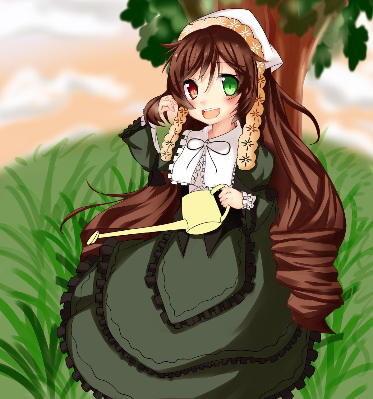 1girl :d brown_hair dress frills grass green_dress green_eyes hat head_scarf heterochromia image long_hair long_sleeves open_mouth outdoors red_eyes smile solo suiseiseki very_long_hair watering_can