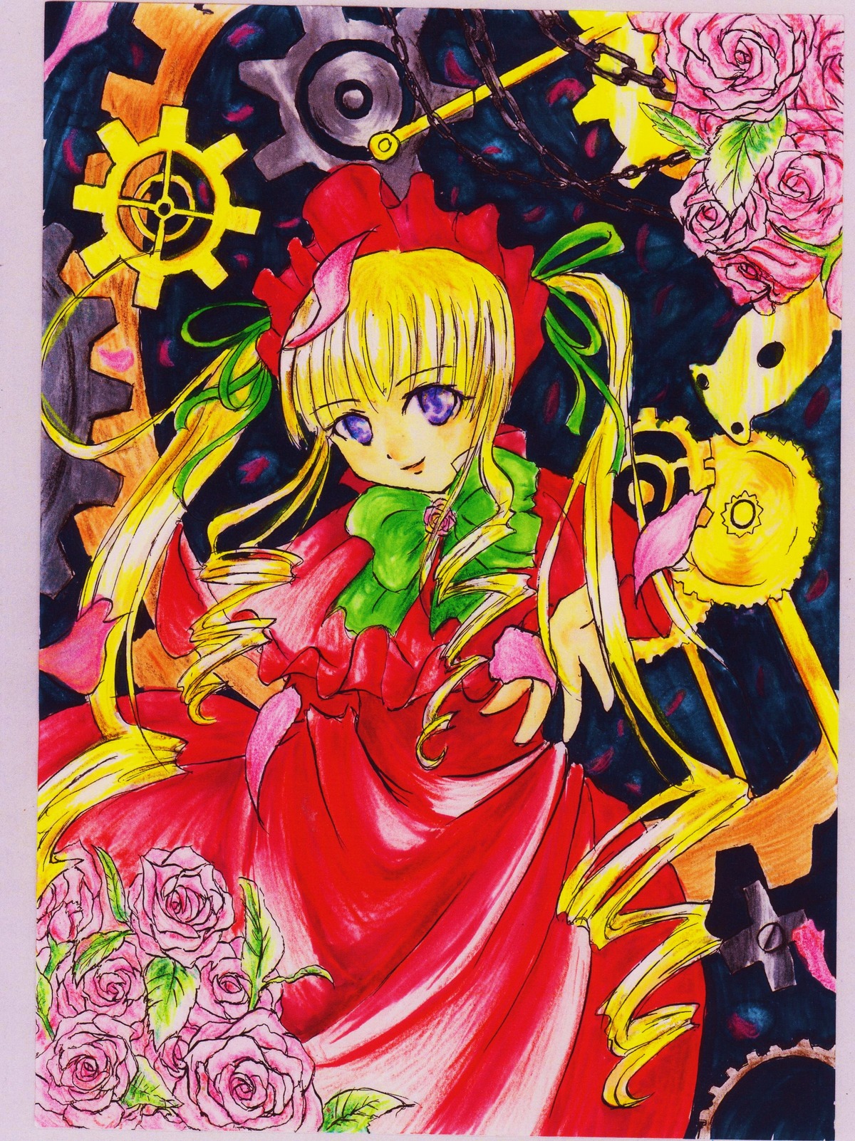 1girl blonde_hair bonnet bow bowtie chain dress drill_hair flower frills green_bow green_neckwear image long_hair long_sleeves looking_at_viewer marker_(medium) pink_flower pink_rose purple_rose red_dress red_flower red_rose rose rose_petals shinku solo traditional_media twin_drills twintails very_long_hair yellow_flower yellow_rose
