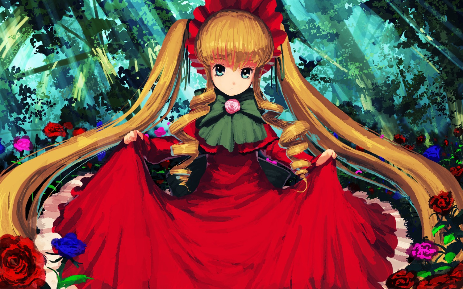 1girl blonde_hair blue_eyes blue_flower blue_rose bonnet bow bowtie dress flower forest green_bow image long_hair long_sleeves looking_at_viewer nature pink_flower pink_rose red_dress red_flower red_rose rose shinku solo twintails very_long_hair