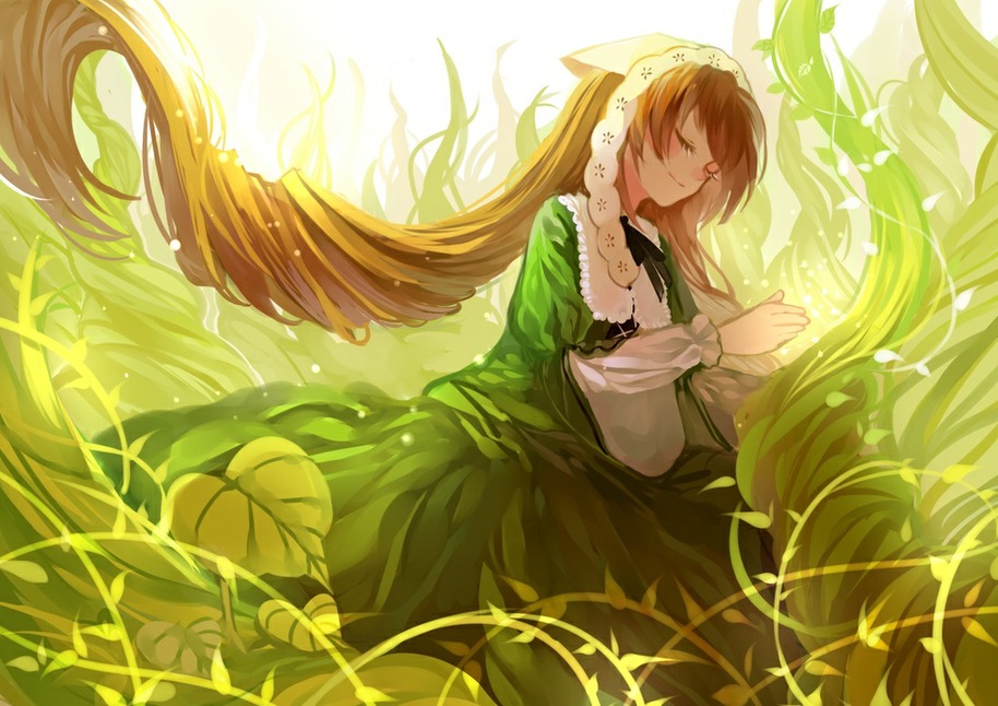 1girl apron bangs brown_hair closed_eyes closed_mouth dress eyebrows_visible_through_hair flower frills grass green_dress head_scarf image long_hair long_sleeves smile solo suiseiseki very_long_hair white_apron wide_sleeves