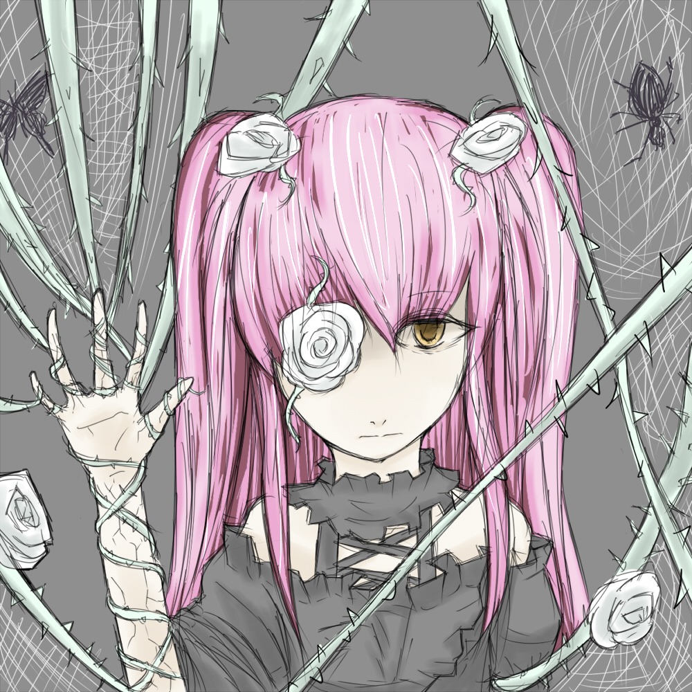 1girl bandages bug closed_mouth eyepatch flower hair_ribbon image kirakishou long_hair looking_at_viewer pink_hair ribbon rose silk solo spider_web white_flower white_rose yellow_eyes