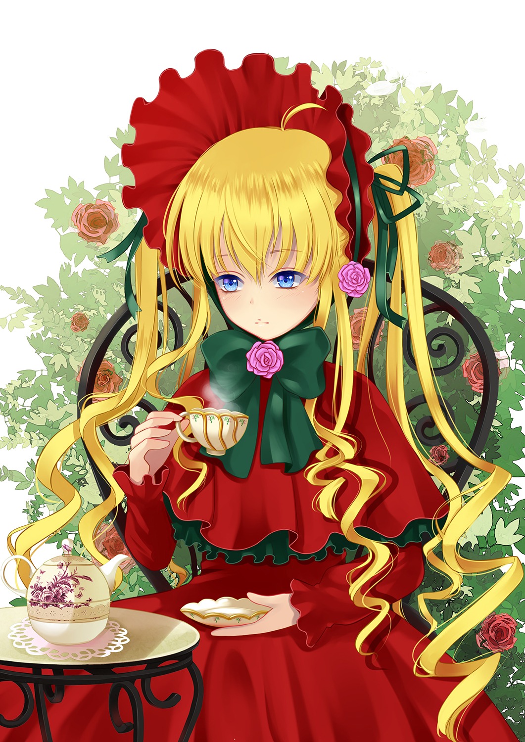 1girl blonde_hair blue_eyes bonnet bow bowtie commentary_request cup dress flower food green_bow green_ribbon hat highres holding image kotetu_han lolita_fashion long_hair long_sleeves looking_at_viewer photoshop_(medium) pink_flower pink_rose red_capelet red_dress red_flower red_headwear red_rose ribbon rose rozen_maiden saucer shinku sitting solo tea teacup twintails very_long_hair