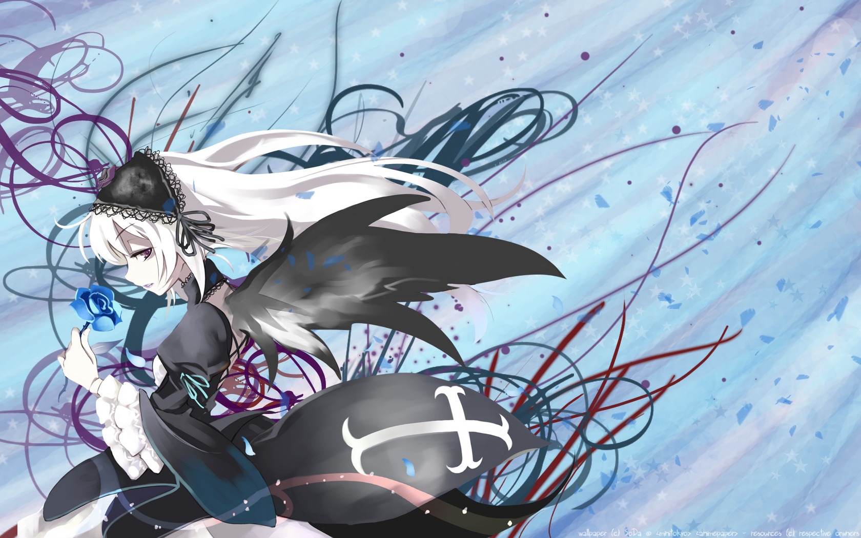 1girl black_dress black_ribbon black_wings dress flower frills gothic hairband highres image juliet_sleeves lolita_hairband long_hair long_sleeves looking_at_viewer puffy_sleeves ribbon rose rozen_maiden silver_hair solo suigintou third-party_edit ushiki_yoshitaka very_long_hair white_hair wide_sleeves wings