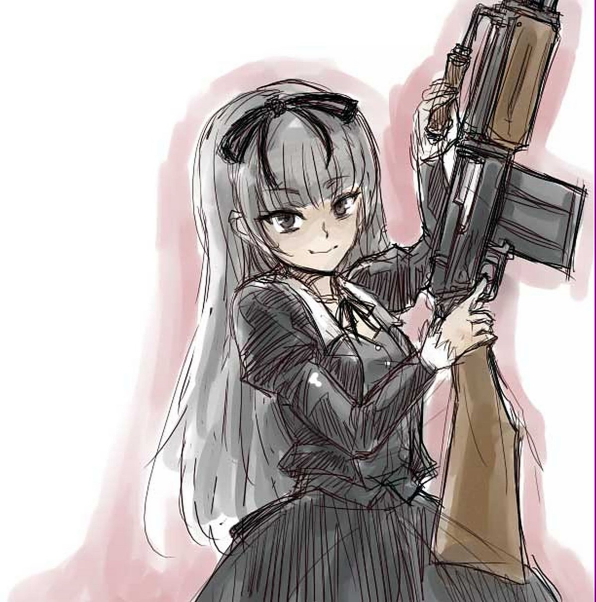 1girl bangs dress gun hair_ribbon handgun holding holding_gun holding_weapon long_hair long_sleeves monochrome pistol ribbon sketch smile solo weapon