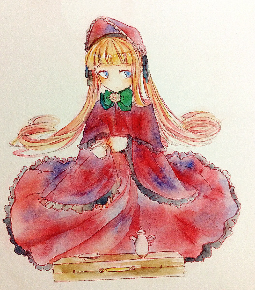 1girl bangs blonde_hair blue_eyes bonnet bow bowtie capelet cup dress flower frills green_bow image long_hair long_sleeves looking_at_viewer red_capelet red_dress rose shinku solo teacup traditional_media very_long_hair