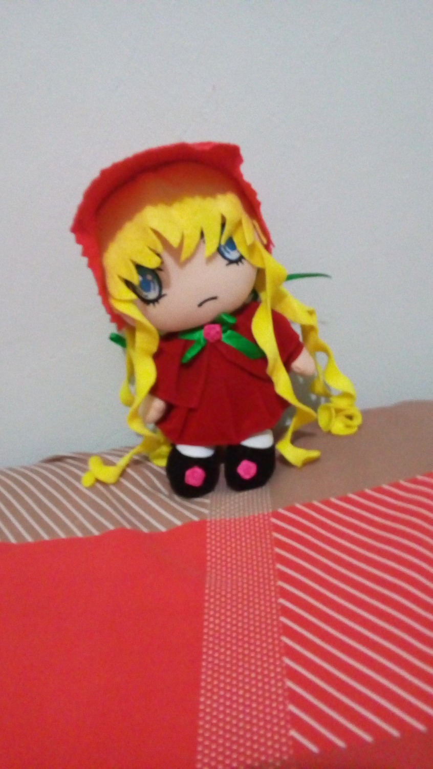 1girl blonde_hair blue_eyes bonnet bow bowtie capelet chibi doll dress full_body long_hair long_sleeves looking_at_viewer red_dress shinku solo