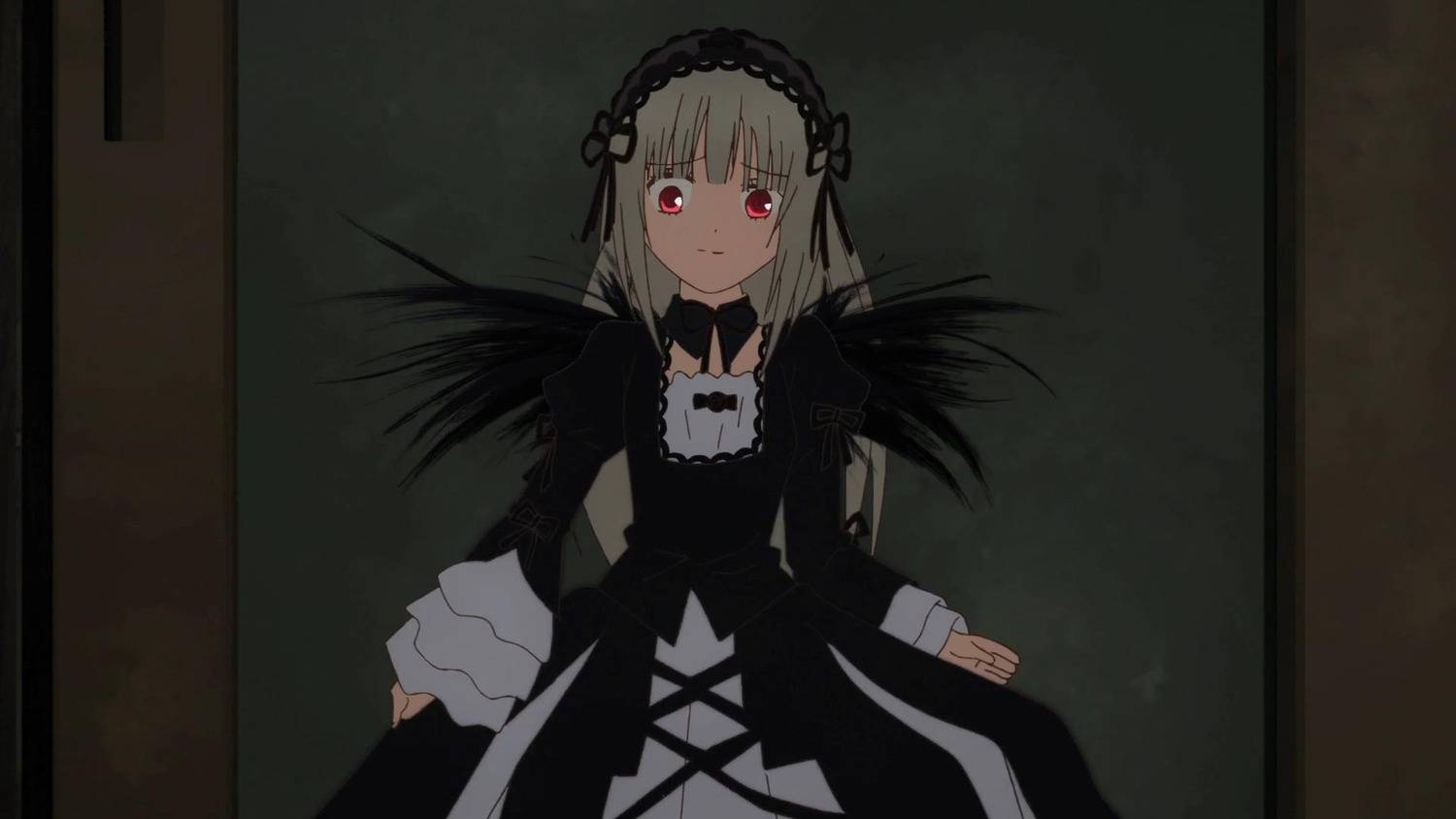 1girl bangs black_dress black_ribbon black_wings closed_mouth dress frills hairband image juliet_sleeves long_hair long_sleeves looking_at_viewer puffy_sleeves red_eyes ribbon silver_hair smile solo suigintou wings