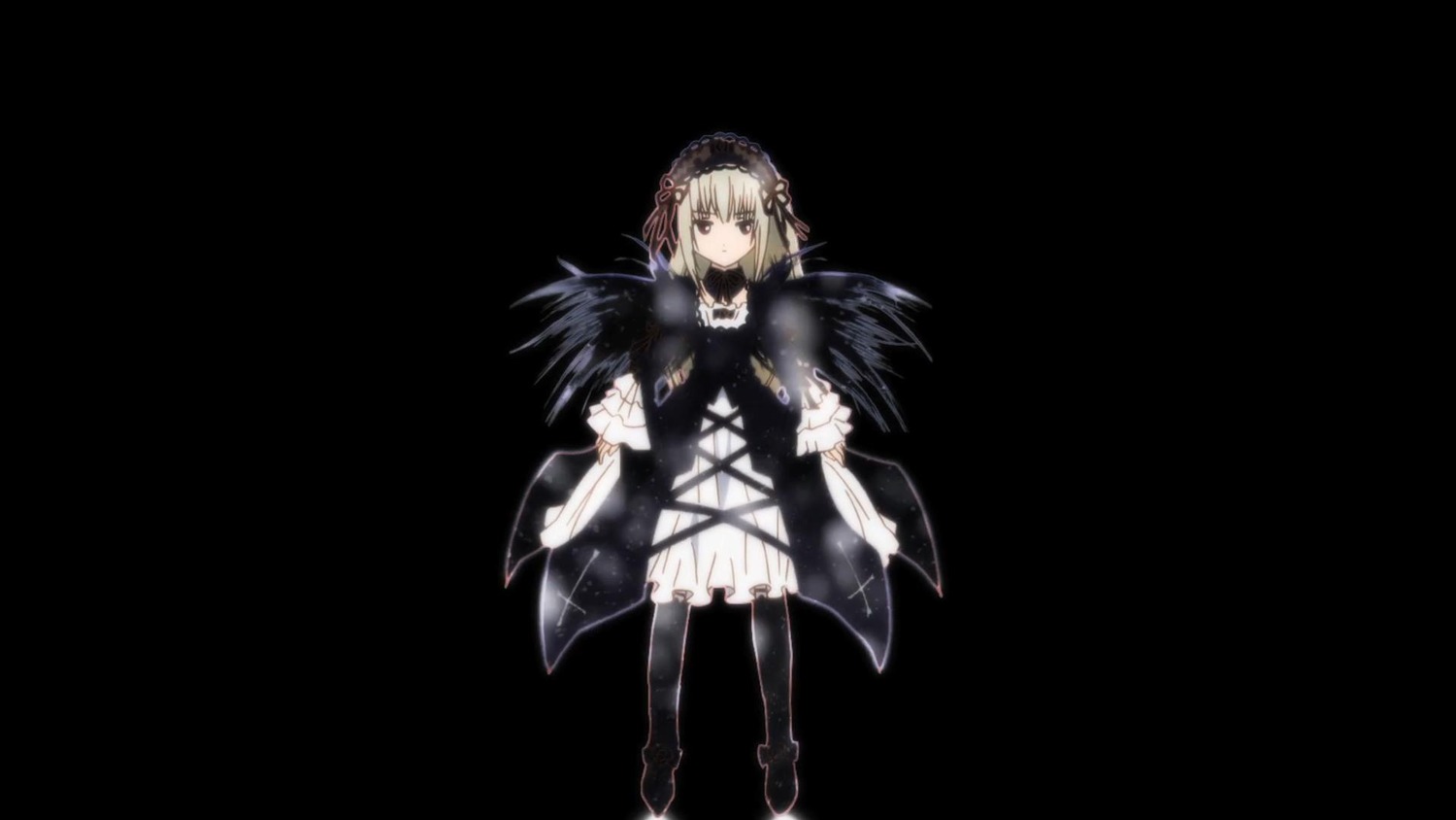 1girl black_dress black_footwear boots dress frills full_body hairband image long_sleeves looking_at_viewer ribbon silver_hair solo standing suigintou transparent_background