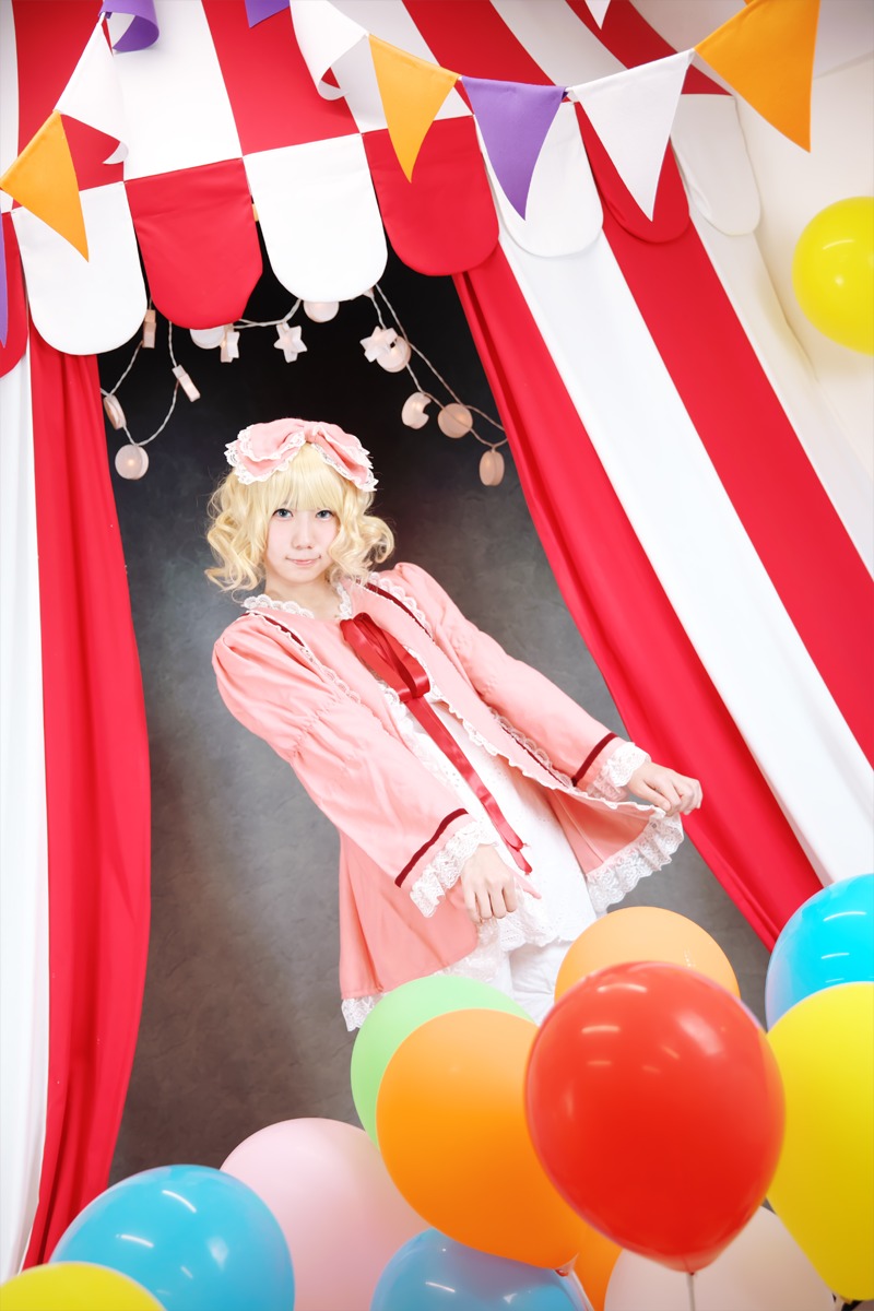 1girl argyle balloon blonde_hair blue_eyes checkered checkered_background checkered_floor curtains dress hat hinaichigo maribel_hearn mob_cap necktie smile solo striped