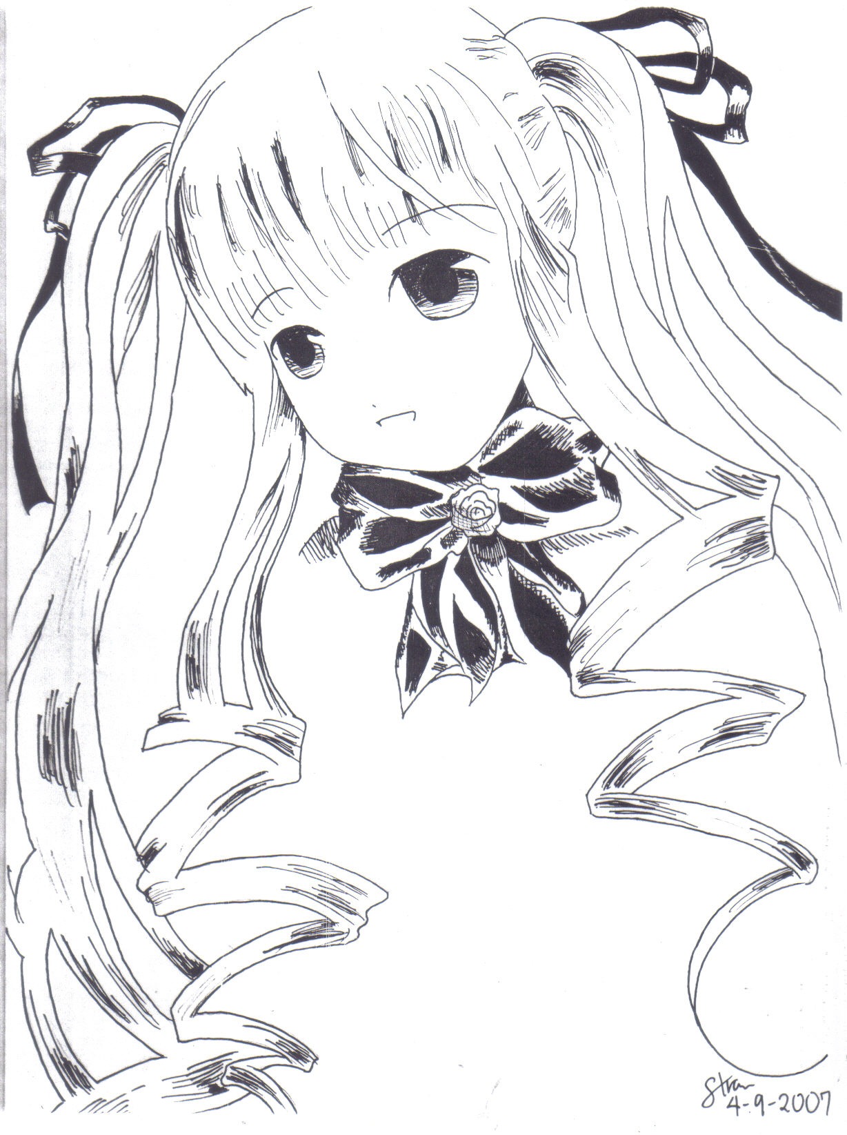 1girl bowtie drill_hair flower greyscale hair_ribbon image long_hair looking_at_viewer monochrome ribbon ringlets rose shinku simple_background solo traditional_media twin_drills twintails white_background