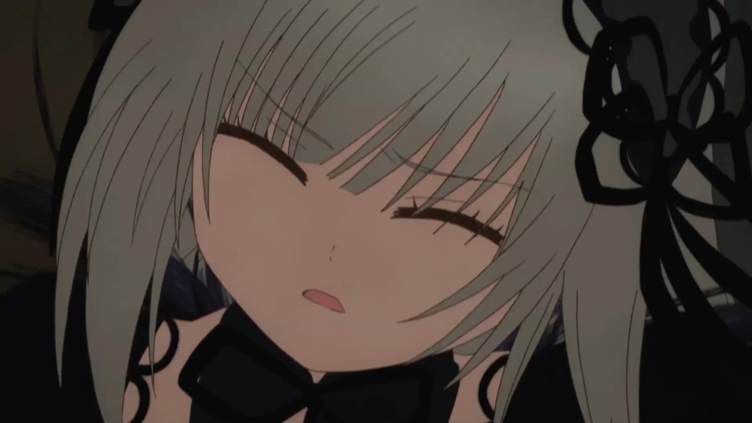 1girl bangs black_ribbon closed_eyes eyebrows_visible_through_hair facing_viewer grey_hair hair_ornament hair_ribbon image long_hair open_mouth portrait ribbon solo suigintou virtual_youtuber