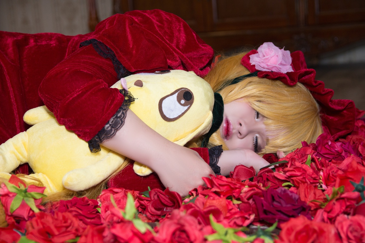 1girl blonde_hair dress flower lips red_dress red_flower red_rose rose shinku solo stuffed_animal teddy_bear