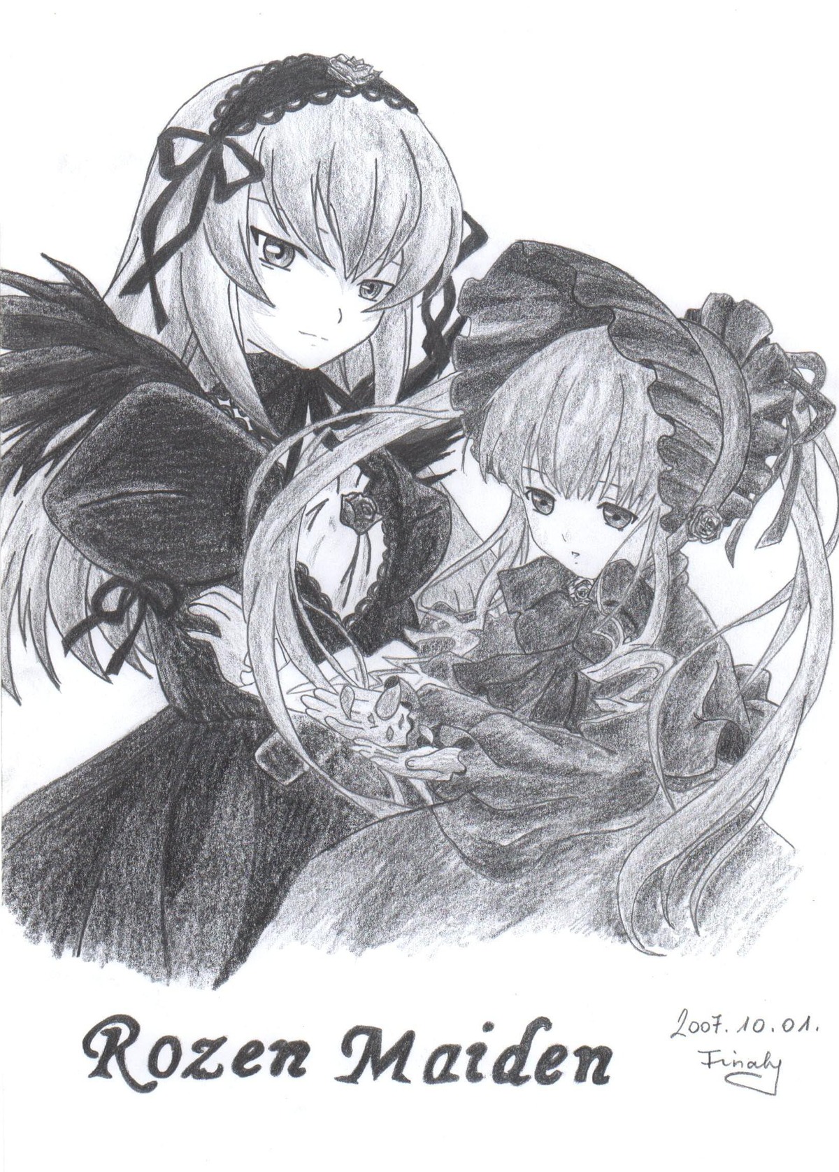 2girls dated dress flower frills greyscale hairband image long_hair long_sleeves looking_at_viewer monochrome multiple_girls pair shinku smile suigintou traditional_media upper_body