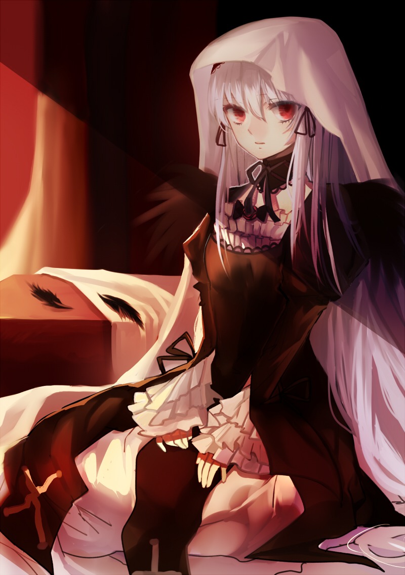 1girl black_dress black_ribbon black_wings dress frills image long_hair long_sleeves looking_at_viewer neck_ribbon red_eyes ribbon silver_hair sitting solo suigintou very_long_hair wings