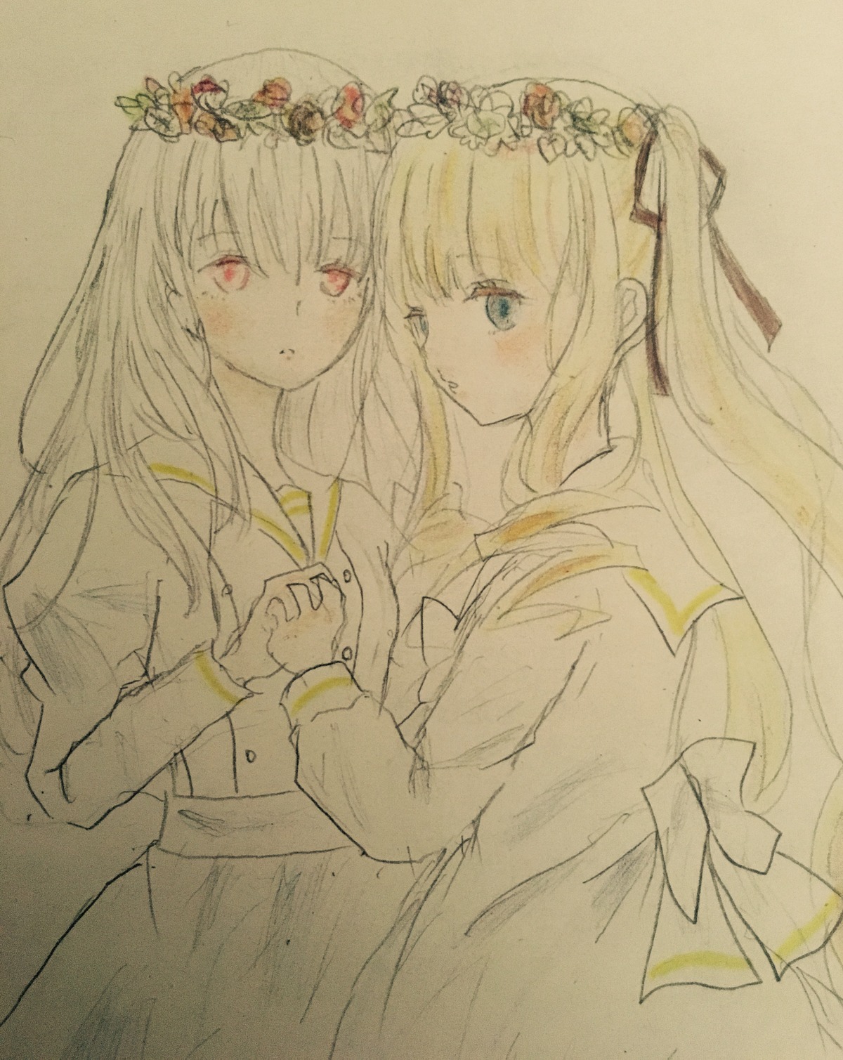 2girls bangs blue_eyes blush dress eyebrows_visible_through_hair flower hair_ribbon head_wreath holding_hands image interlocked_fingers long_hair long_sleeves multiple_girls pair parted_lips red_eyes ribbon sailor_collar school_uniform shinku simple_background suigintou traditional_media yuri