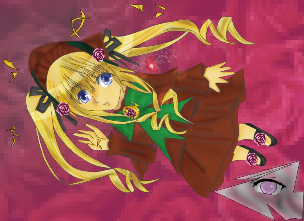 1girl blonde_hair blue_eyes bonnet dress drill_hair flower hat image long_hair long_sleeves mosaic_censoring pink_flower pink_rose red_dress rose shinku solo surprised twintails