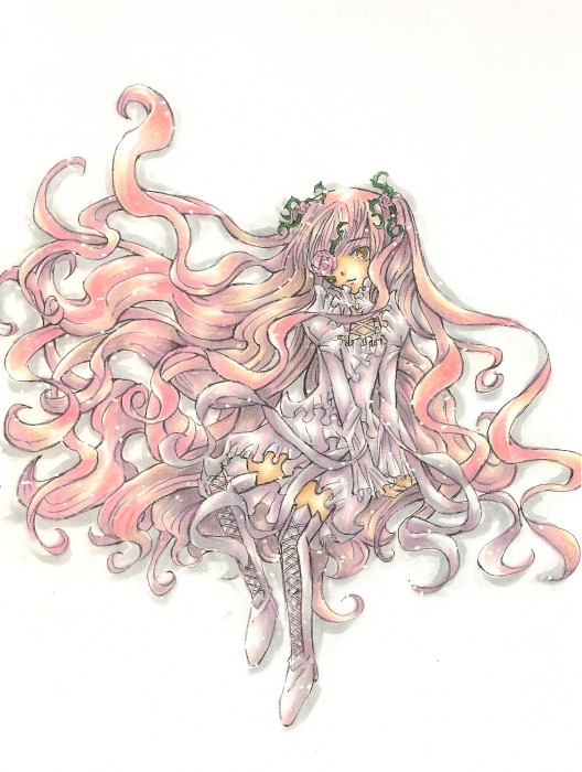 1girl boots dress flower gradient_hair hair_flower image kirakishou long_hair pink_hair rose solo thigh_boots thighhighs traditional_media ultimate_madoka very_long_hair wavy_hair yellow_eyes