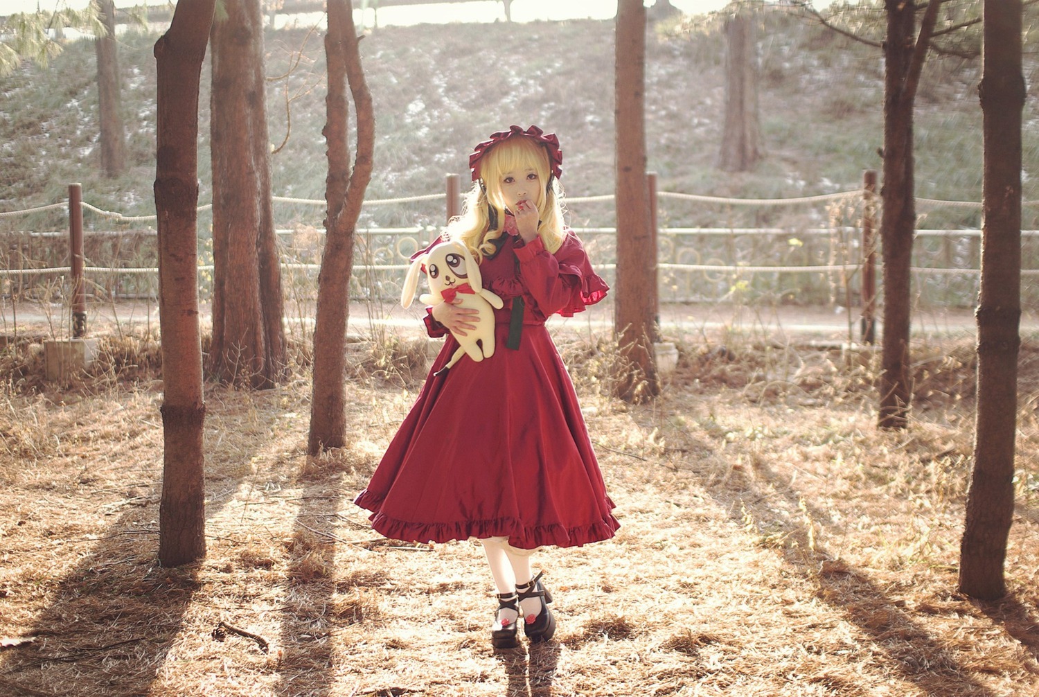 1girl autumn_leaves blonde_hair bow day dress forest hat holding long_sleeves looking_at_viewer nature outdoors photo_background red_dress red_eyes shinku solo standing tree wide_sleeves