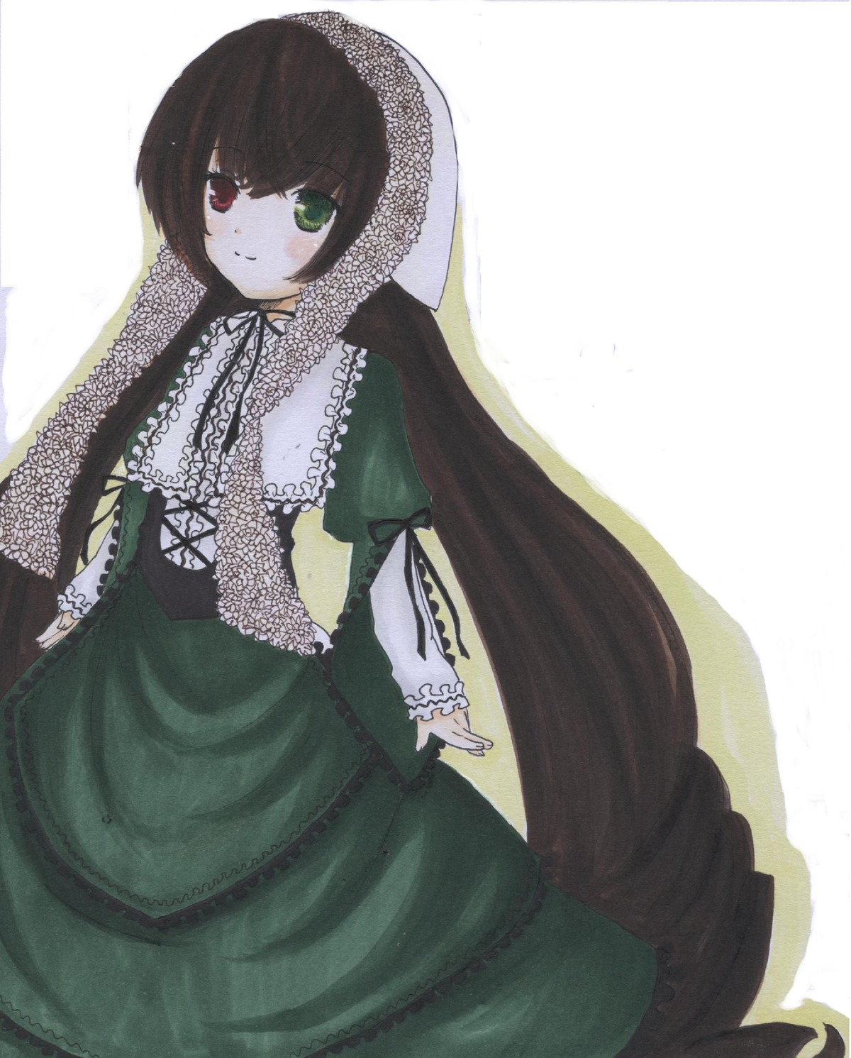 1girl bangs blush brown_hair dress frills green_dress green_eyes heterochromia image long_hair long_sleeves looking_at_viewer red_eyes ribbon solo suiseiseki very_long_hair