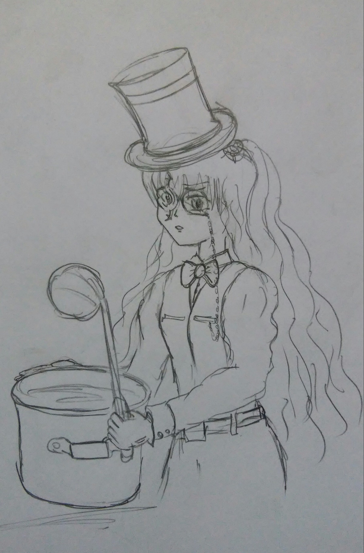 1girl barasuishou bow bowtie hat holding image long_hair long_sleeves monochrome sketch solo top_hat traditional_media