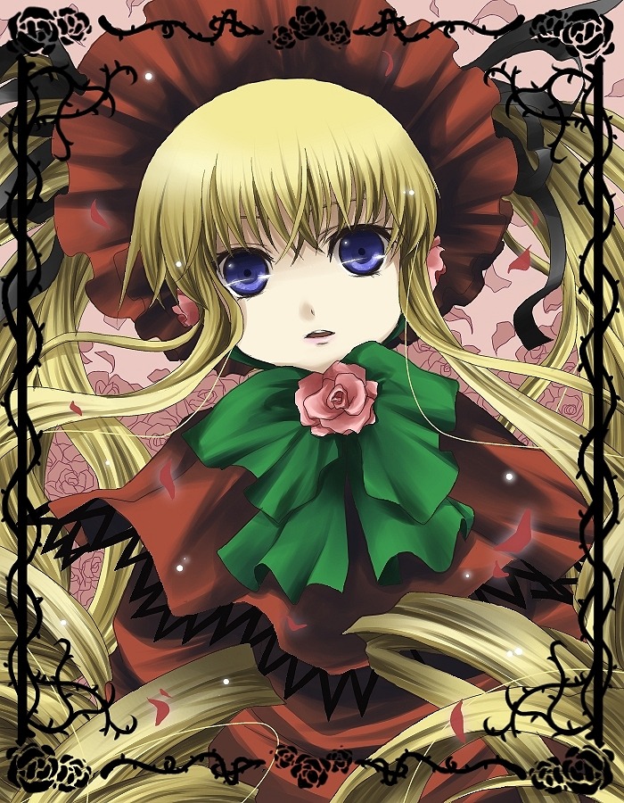 1girl blonde_hair blue_eyes bonnet bow bowtie dress flower green_bow green_neckwear image long_hair long_sleeves looking_at_viewer pink_rose red_dress rose shinku sidelocks solo twintails yellow_background