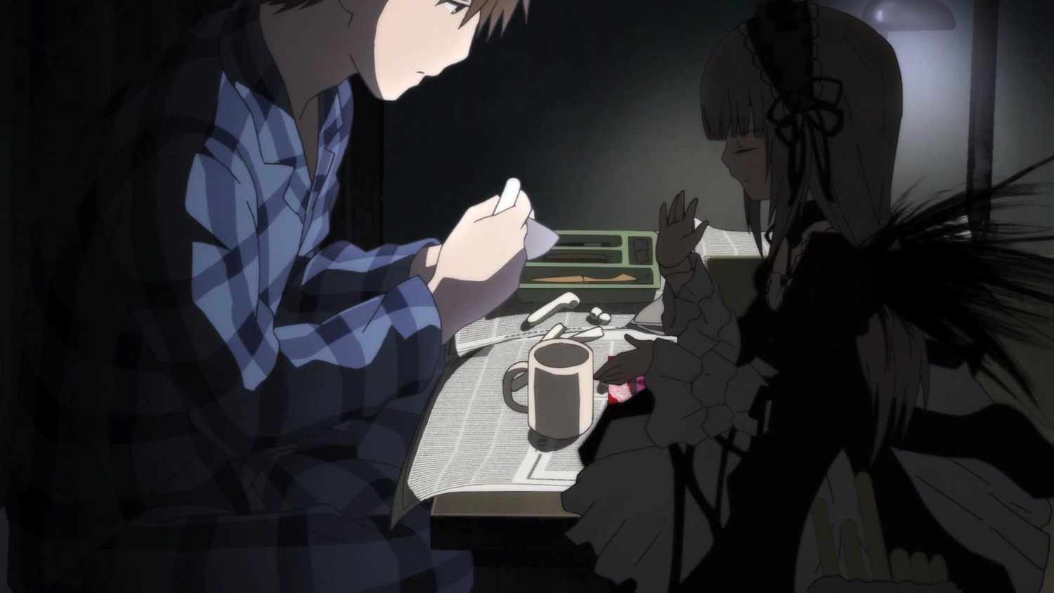 1boy 1girl brown_hair closed_eyes cup dress gothic_lolita hairband image lolita_fashion lolita_hairband long_hair long_sleeves profile saucer sitting solo suigintou table teacup wings