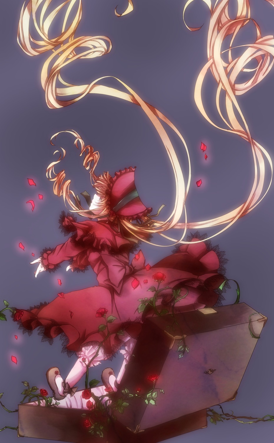 1girl auto_tagged blonde_hair bow capelet dress drill_hair flower frills hat image long_hair long_sleeves petals plant red_dress ribbon rose shinku solo standing twintails very_long_hair vines