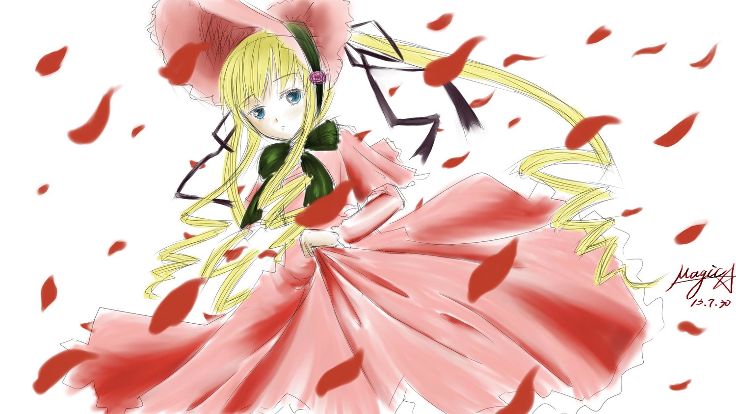 1girl auto_tagged blonde_hair blue_eyes bonnet bow cherry_blossoms dress flower hat image long_hair long_sleeves looking_at_viewer petals pink_dress red_dress rose rose_petals shinku solo