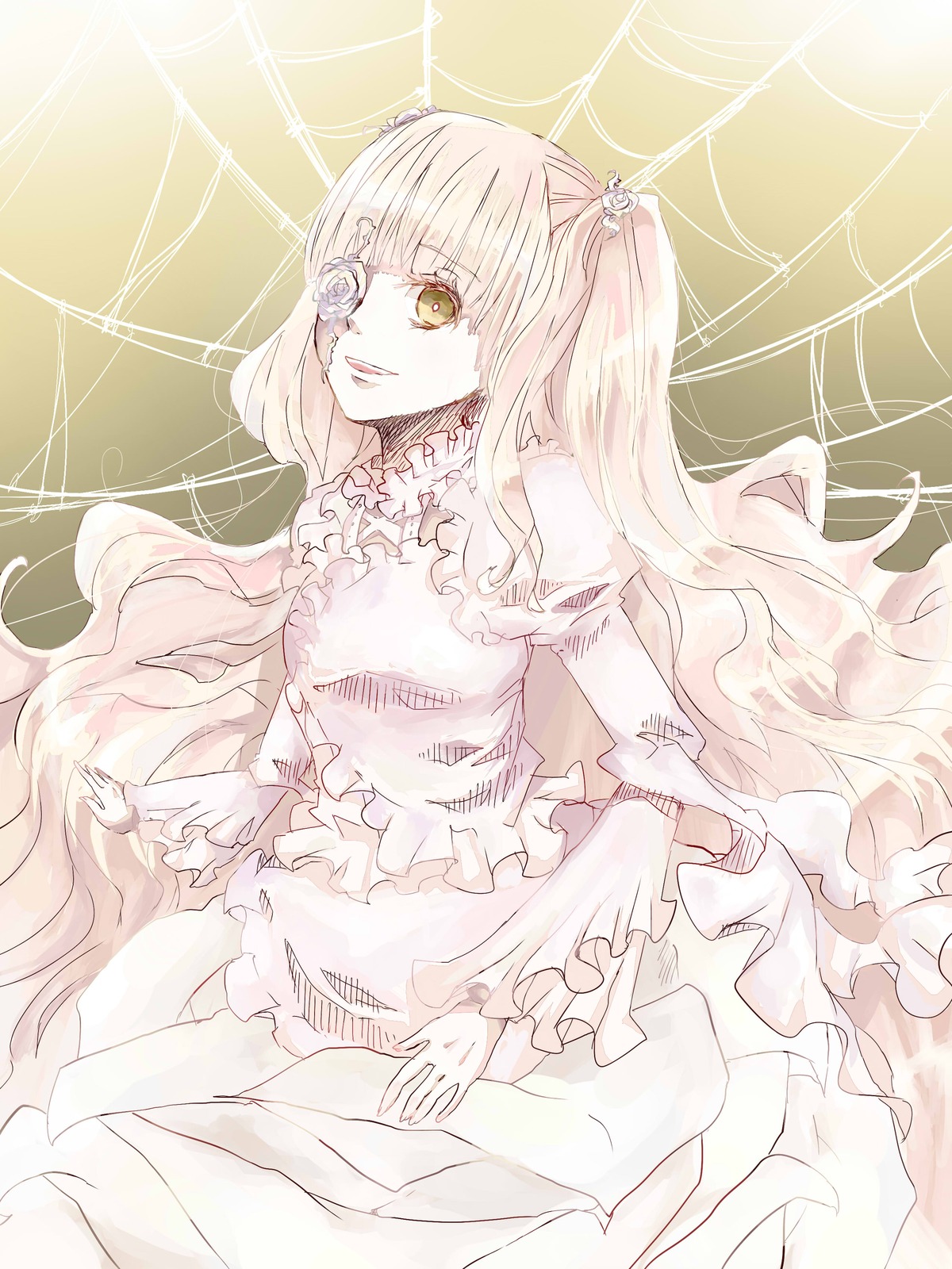 1girl doll_joints dress eyepatch flower frills hair_flower hair_ornament image joints kirakishou long_hair pink_hair rose silk solo spider_web thorns two_side_up very_long_hair vines yellow_eyes