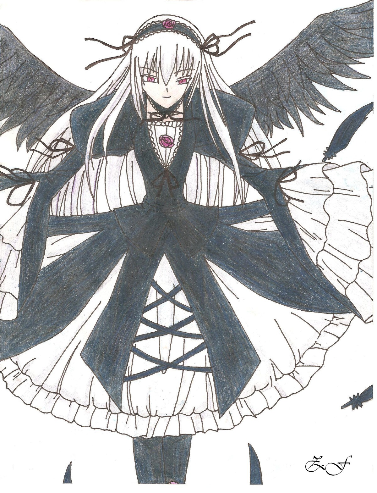 1girl black_wings dress feathers flower frills hairband image long_hair long_sleeves looking_at_viewer pink_eyes rose solo suigintou very_long_hair white_background wings