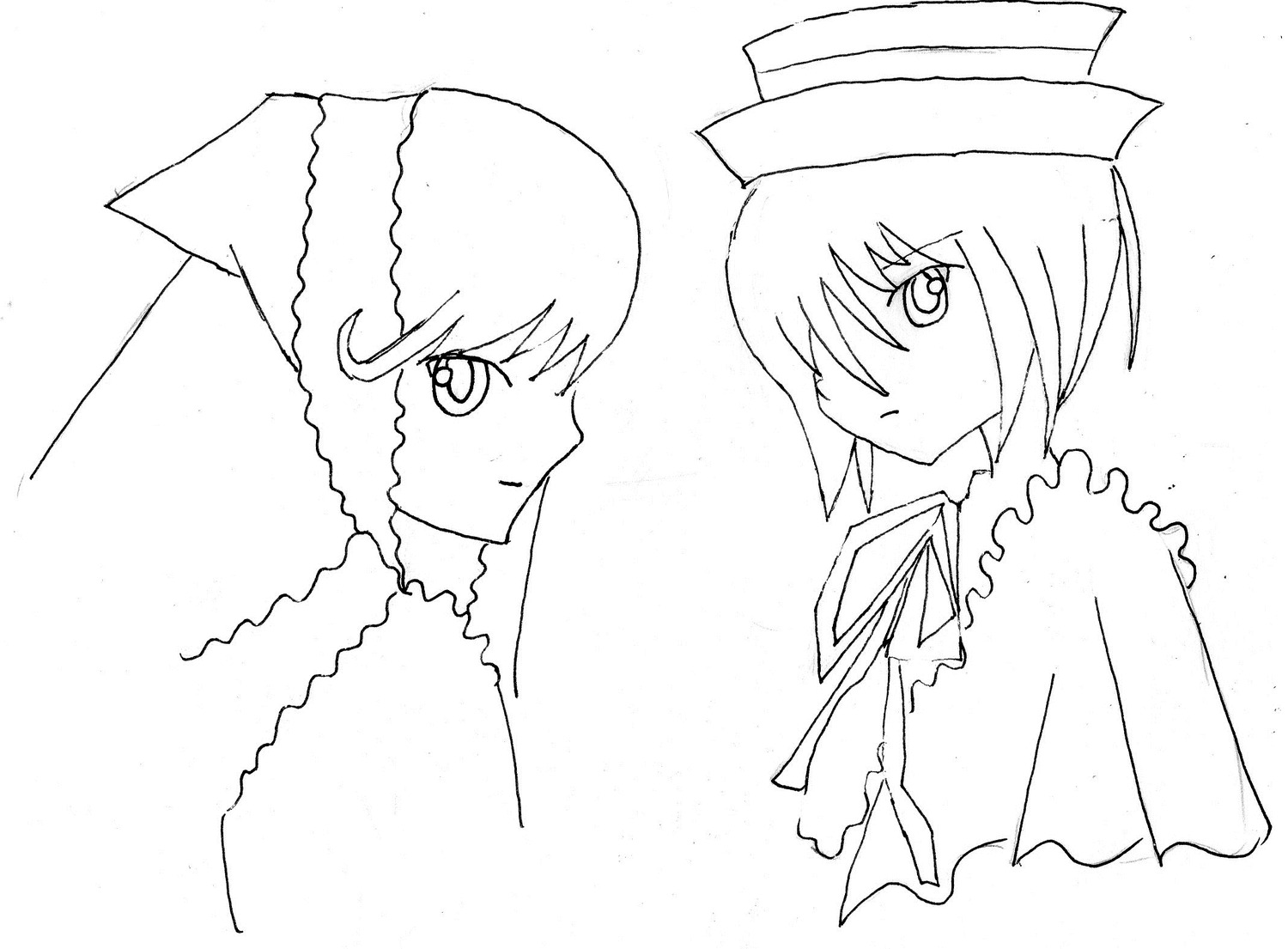 2girls frills greyscale hair_over_one_eye hat image looking_at_viewer monochrome neck_ribbon pair ribbon short_hair simple_background sisters souseiseki suiseiseki