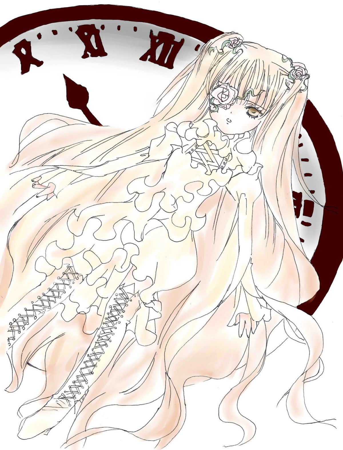 1girl boots cross-laced_footwear dress eyepatch flower frills full_body image kirakishou knee_boots lace-up_boots long_hair long_sleeves rose shinku solo very_long_hair