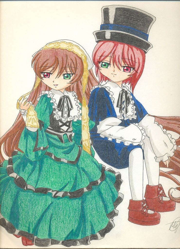 2girls brown_hair dress frills green_dress green_eyes hat heterochromia image long_hair long_sleeves looking_at_viewer multiple_girls pair pantyhose red_eyes siblings sisters smile souseiseki suiseiseki top_hat traditional_media twins very_long_hair white_legwear