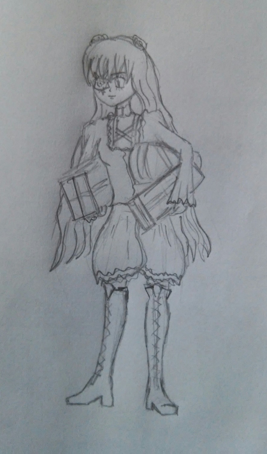 1girl book boots dress full_body greyscale hand_on_hip hat image kirakishou knee_boots long_hair monochrome sketch solo standing traditional_media