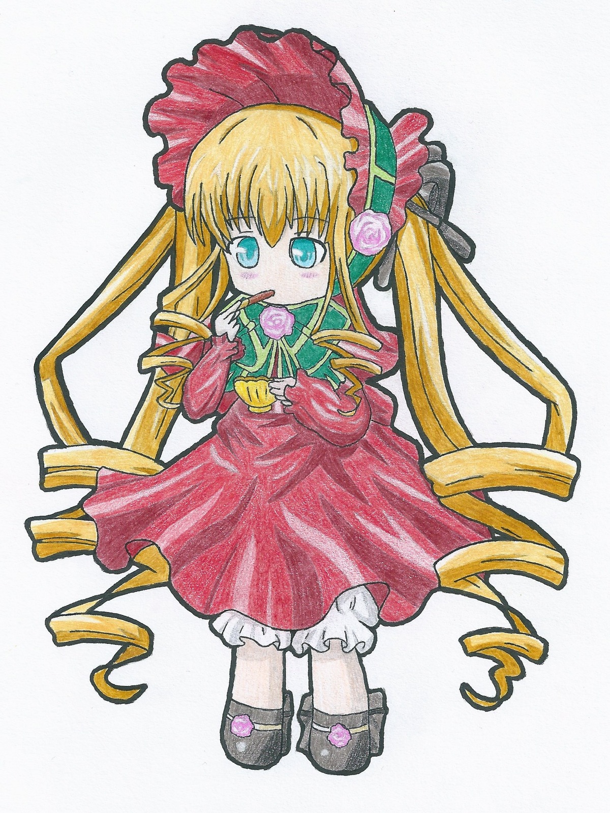 1girl blonde_hair bloomers blue_eyes bonnet bow bowtie colored_pencil_(medium) dress drill_hair flower full_body image long_hair long_sleeves marker_(medium) pink_flower pink_rose red_capelet red_dress ringlets rose shinku simple_background solo traditional_media twin_drills twintails underwear very_long_hair white_background