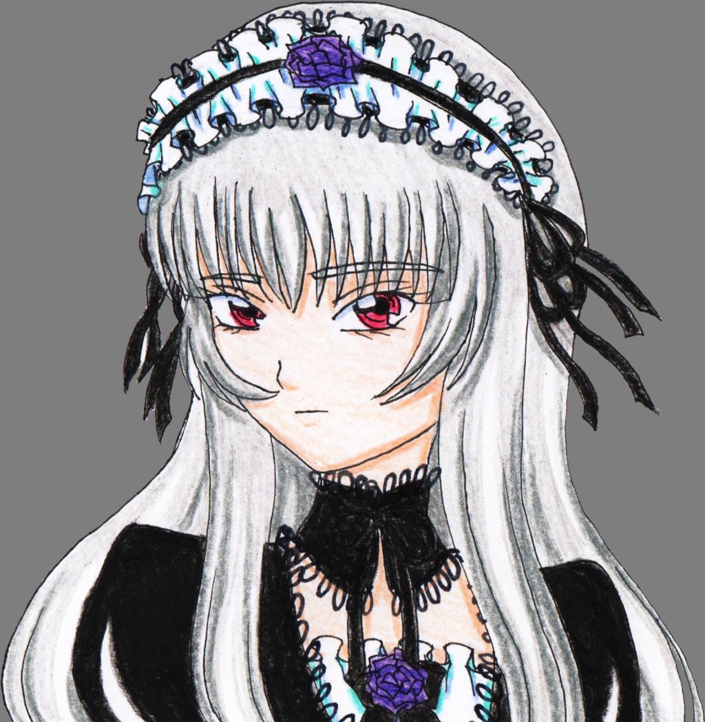 1girl black_background closed_mouth detached_collar flower frills hairband image long_hair looking_at_viewer marker_(medium) portrait red_eyes rose silver_hair simple_background solo suigintou traditional_media