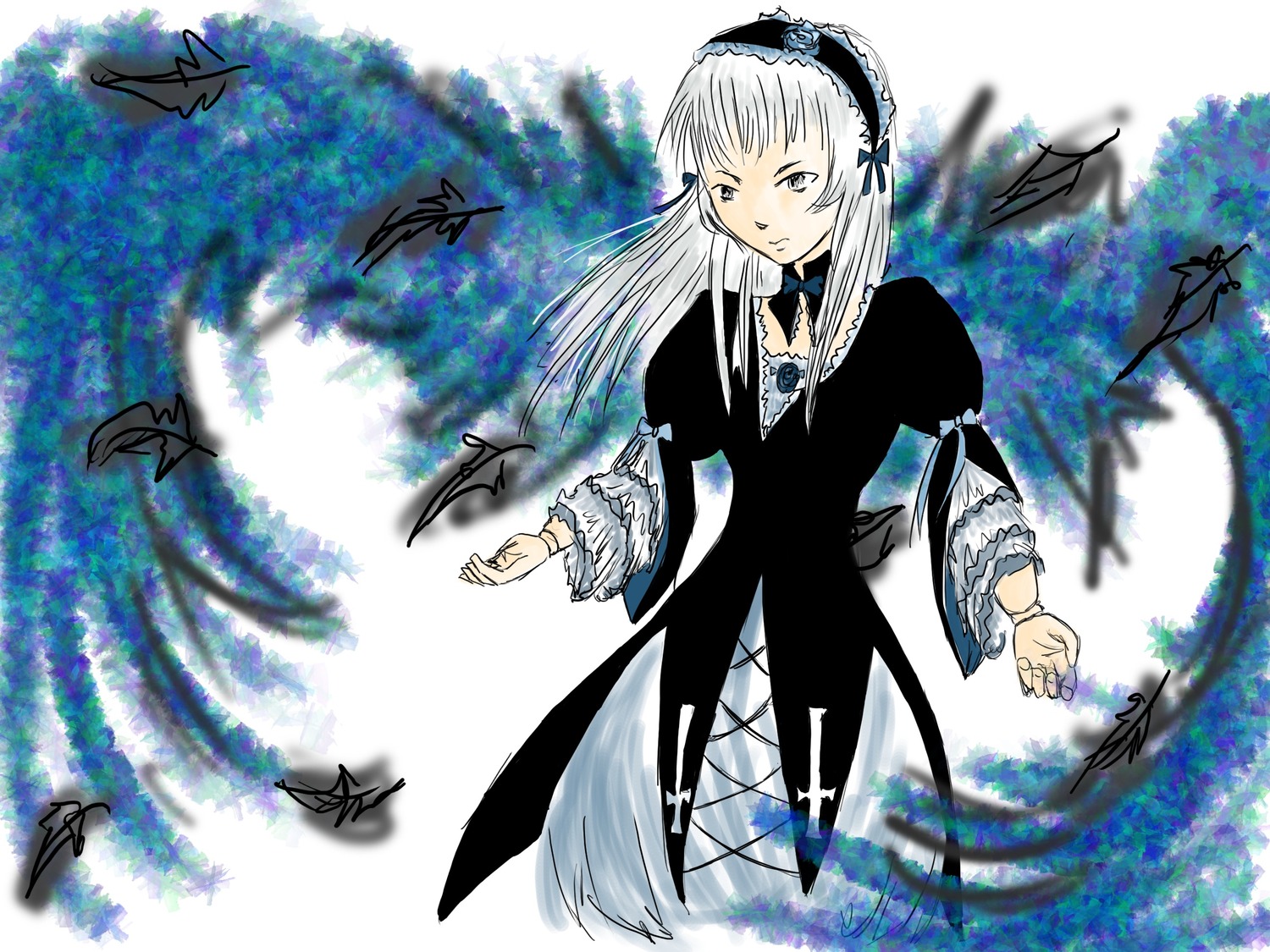 1girl blue_butterfly bug butterfly dress flower frills hairband image insect lolita_hairband long_hair long_sleeves signature silver_hair solo suigintou very_long_hair wide_sleeves wings