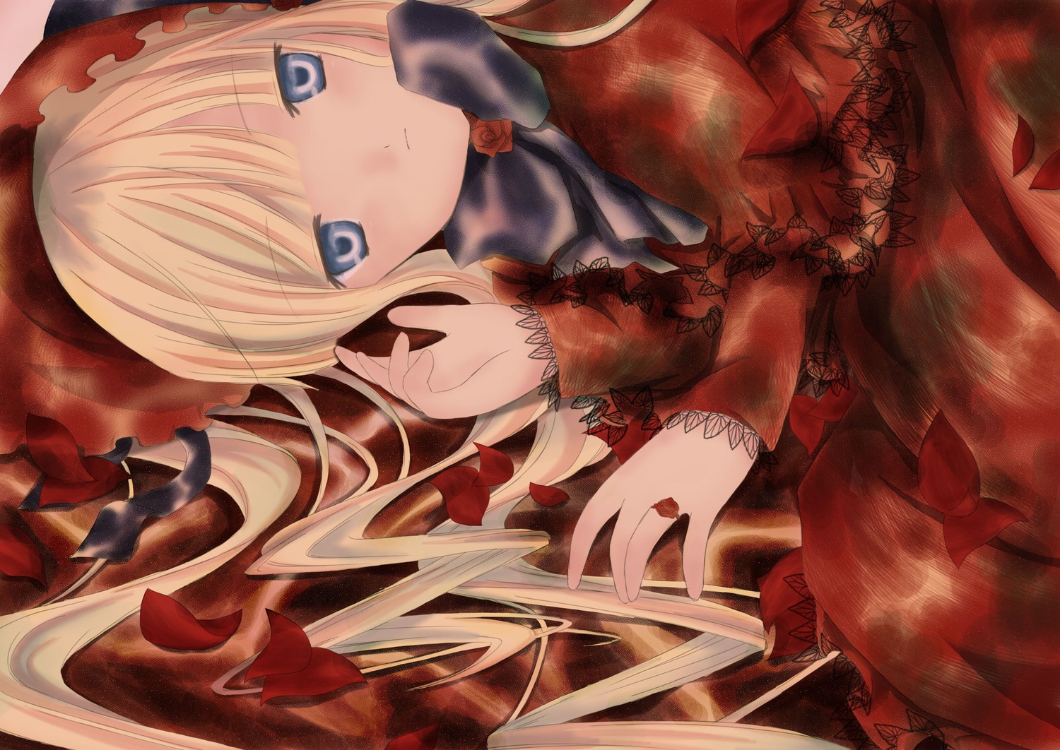 1girl blonde_hair blue_eyes dress flower frills image long_hair long_sleeves looking_at_viewer lying on_back rose shinku solo