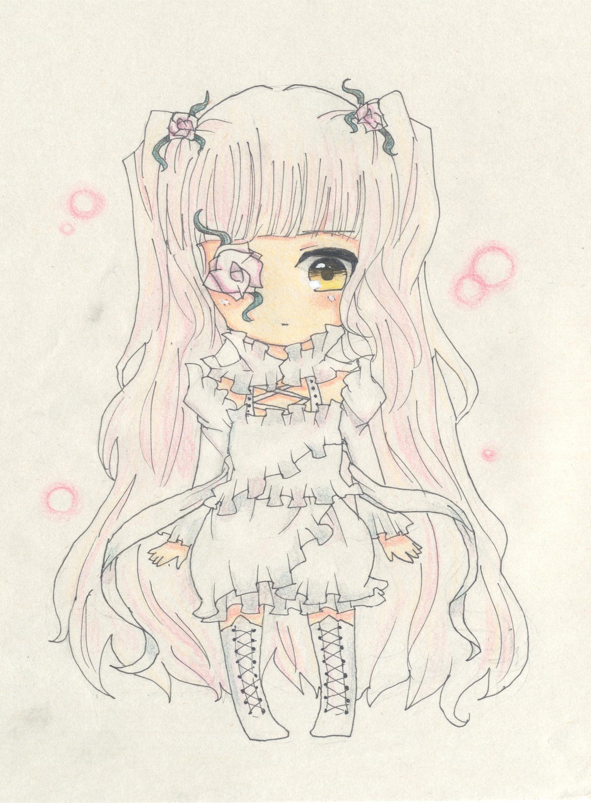 1girl boots cross-laced_footwear dress eyepatch flower frills full_body hair_flower image kirakishou knee_boots long_hair long_sleeves multicolored_hair pink_hair solo standing thigh_boots traditional_media very_long_hair watercolor_(medium) white_hair
