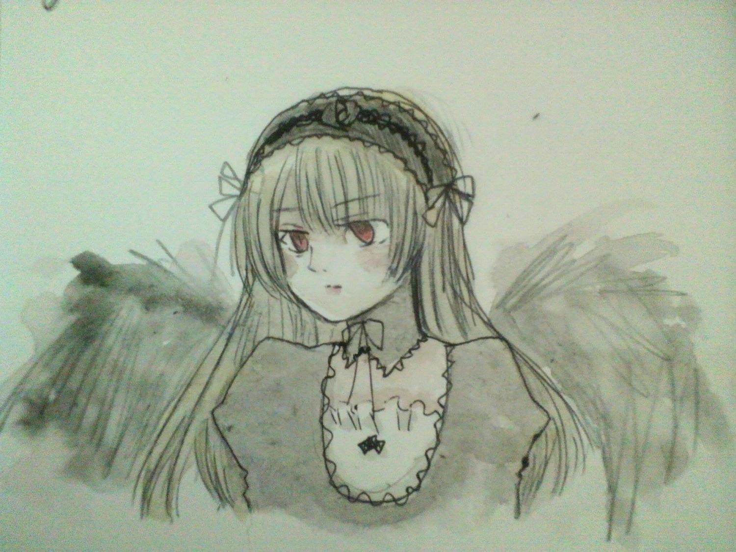 1girl black_wings detached_collar dress feathered_wings flower frills hairband image long_hair long_sleeves looking_at_viewer red_eyes solo suigintou traditional_media upper_body wings