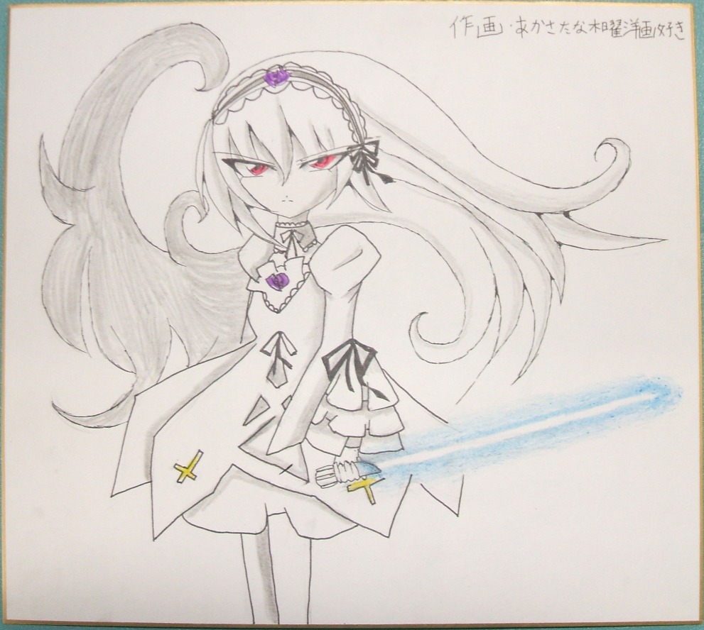 1girl dress flower frilled_sleeves frills hairband holding holding_weapon image juliet_sleeves lolita_hairband long_hair long_sleeves looking_at_viewer marker_(medium) photo puffy_sleeves red_eyes rose shikishi simple_background solo suigintou traditional_media very_long_hair